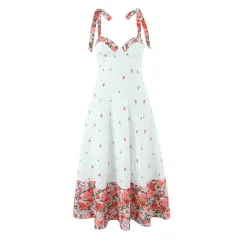 Romantic White Flowers Colorblock Mid-length Sundress - White - View 1