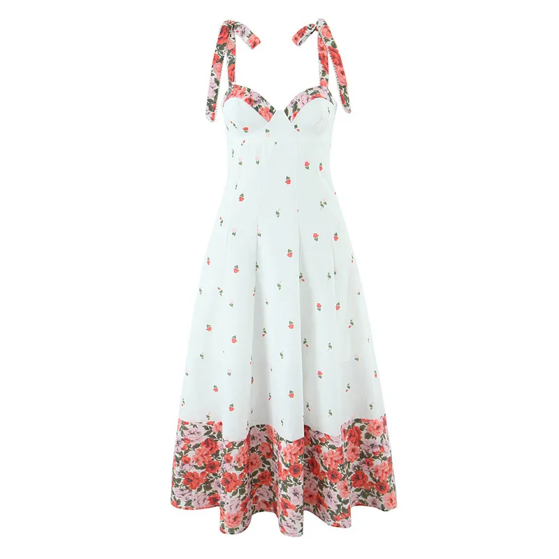 Romantic White Flowers Colorblock Mid-length Sundress - White