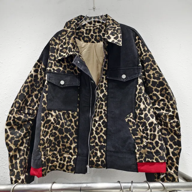 Denim Stitching Leopard Print Red Loose Motorcycle Clothing Jacket Coat - Shop at LoveMi