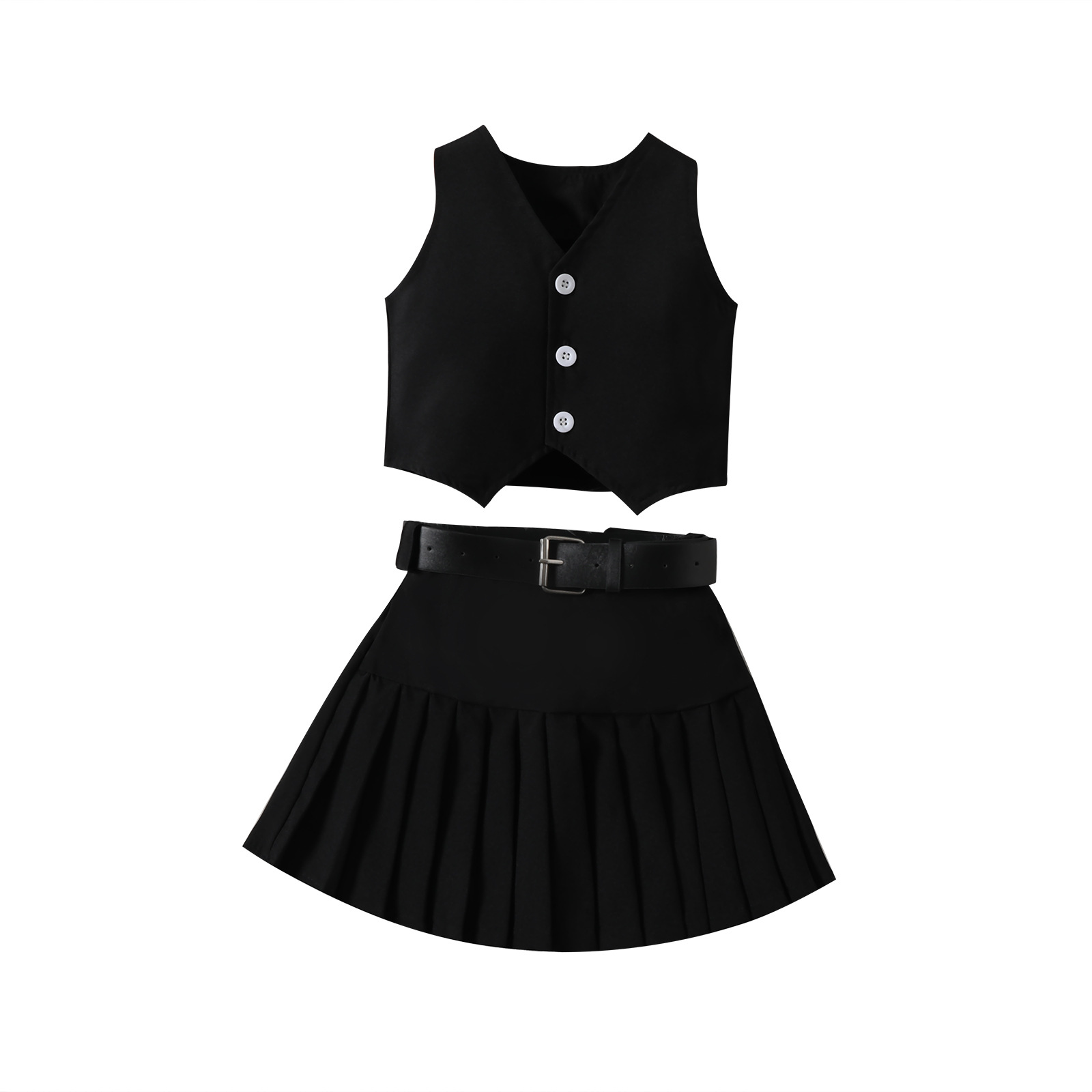 Girls' Fashionable V-neck Solid Color Single-breasted Vest Top Pleated Skirt Belt Three-piece Set - Image 4