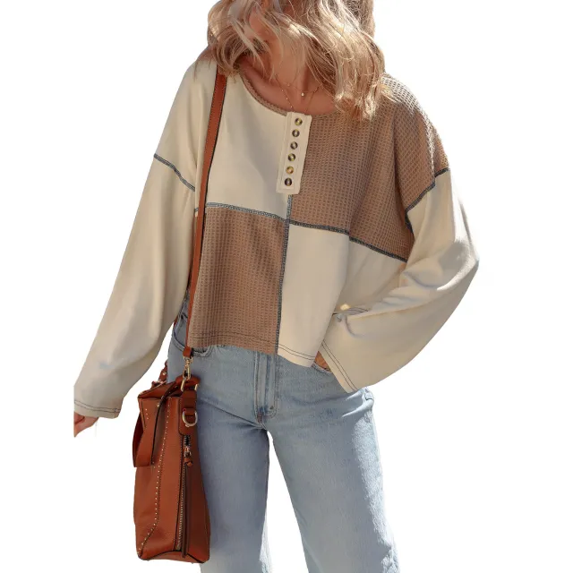 Women's Round Neck Pullover Loose Sweater Patchwork Top Color - Shop at LoveMi
