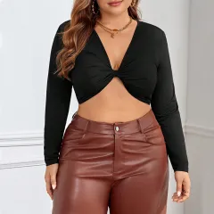 Women's Black Long-sleeved Tight Sexy Short Crop Top - Black - View 1