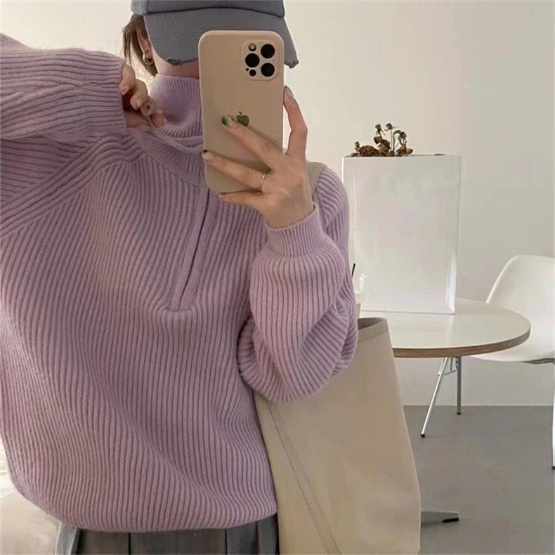 Half Zipper Idle Style Loose-fitting Versatile Outerwear Knitted Top