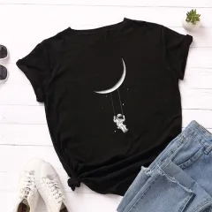Women's Moon Astronaut Printed T-shirt Short Sleeve Bottoming Top - Black - View 1