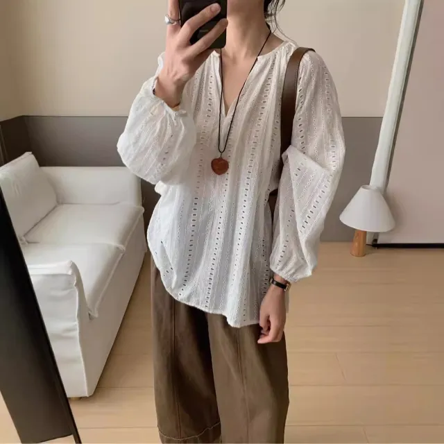 Simple V neck Embroidered Jacquard Hollow out Lazy Versatile Women's Long sleeved Shirt White - Shop at LoveMi