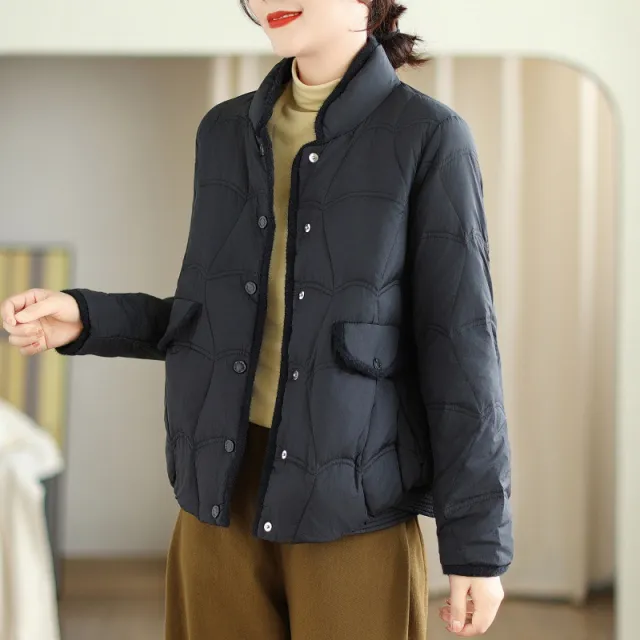 Solid Color Stand Collar Cotton padded Coat Women Black - Shop at LoveMi