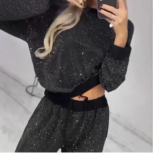 Autumn And Winter Starry Long Sleeve Round Neck Loose Top Drawstring Wide Leg Black - Shop at LoveMi
