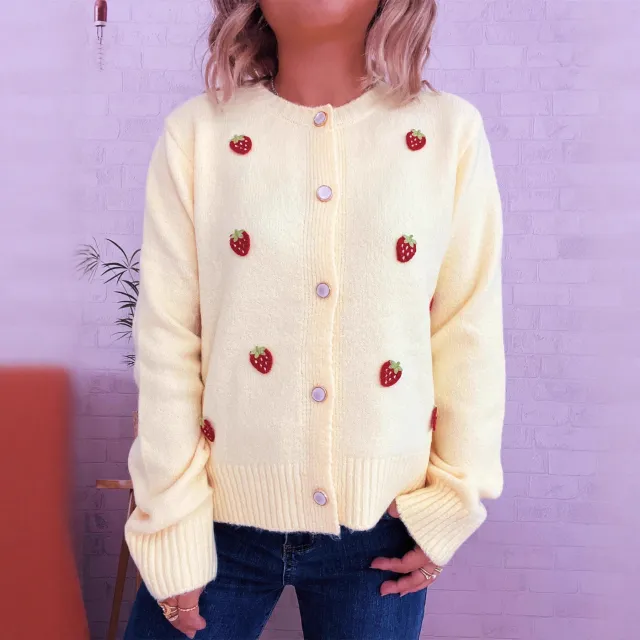 Cute Strawberry Jacquard Knitted Cardigan Round Neck Long Sleeve Sweater Yellow - Shop at LoveMi