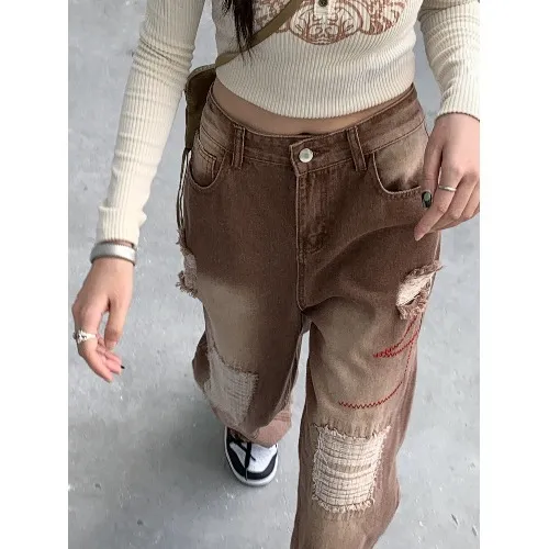 High Waist Slimming Holes Frayed Hem Straight leg Pants Brown - Shop at LoveMi