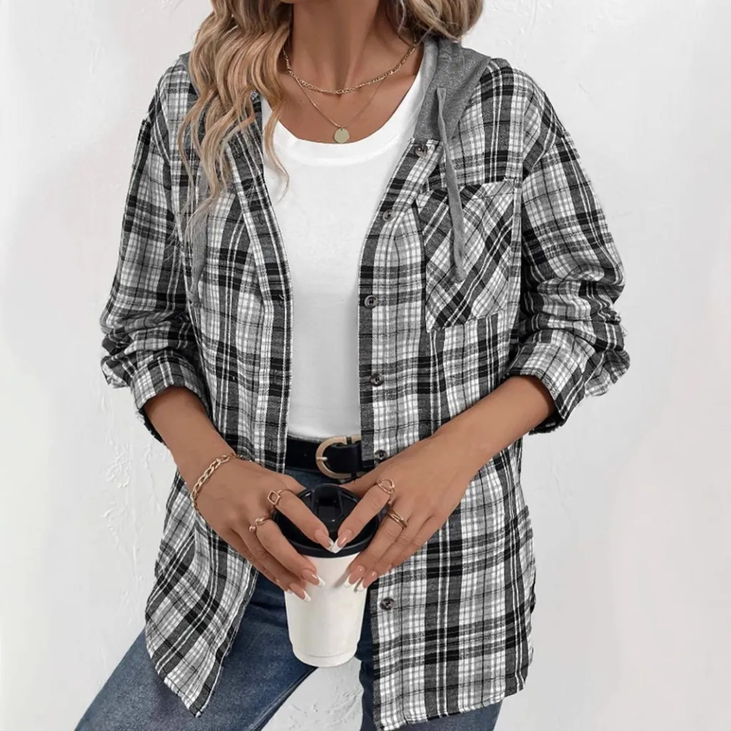 Women's Casual Fashion Loose-fit Plaid Shirt - Grey