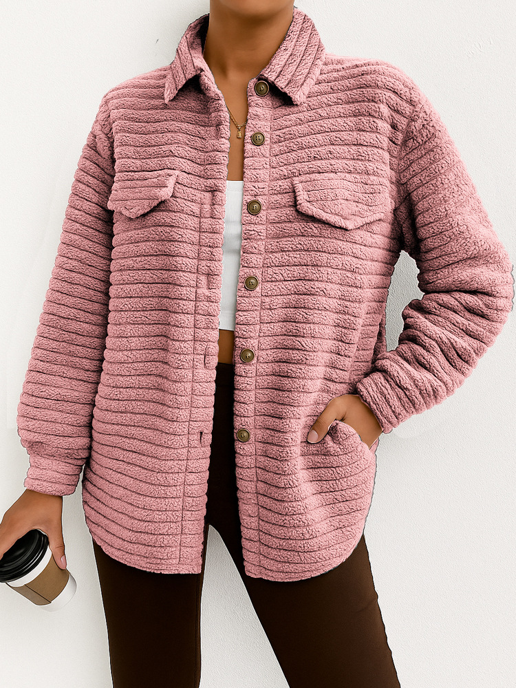 Casual Loose Fashion Striped Long Sleeves Cardigan Lapel Plush Coat Pink - Shop at LoveMi