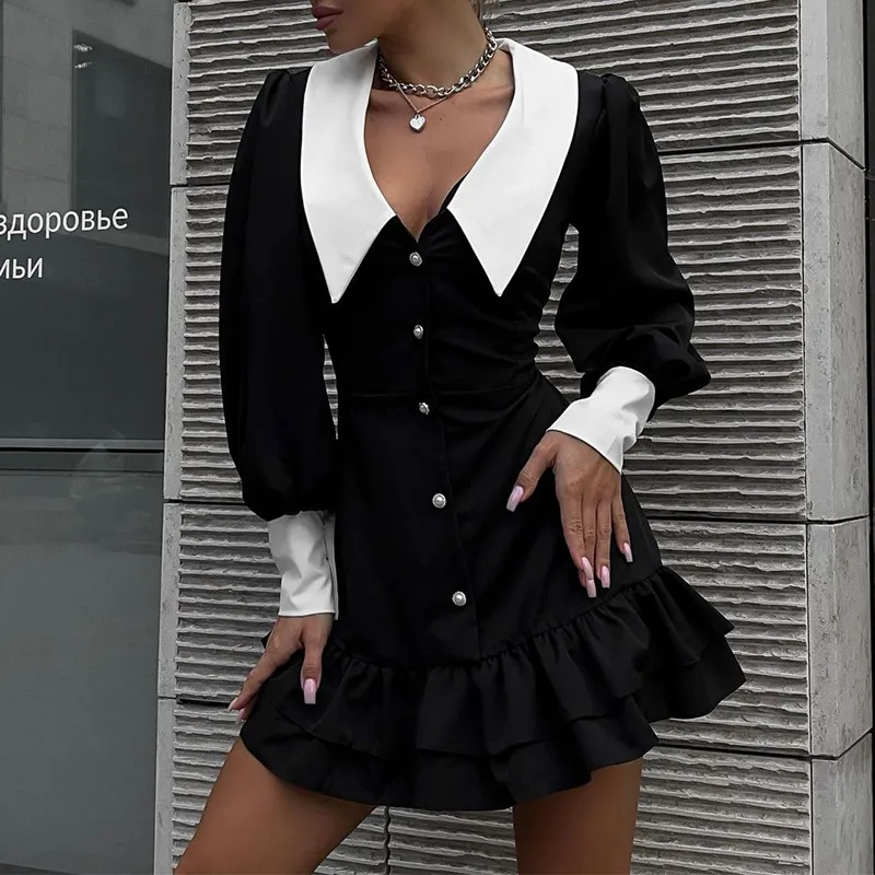 Cross-border Color Stitching Turnover Neck Socialite Style Hip Bag Dress