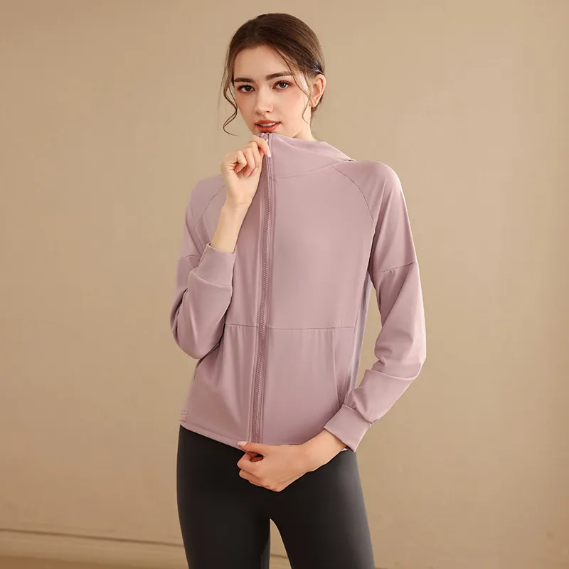 Yoga Clothing Top Long-sleeve Zipper Hooded Sports Jacket - Pink Purple