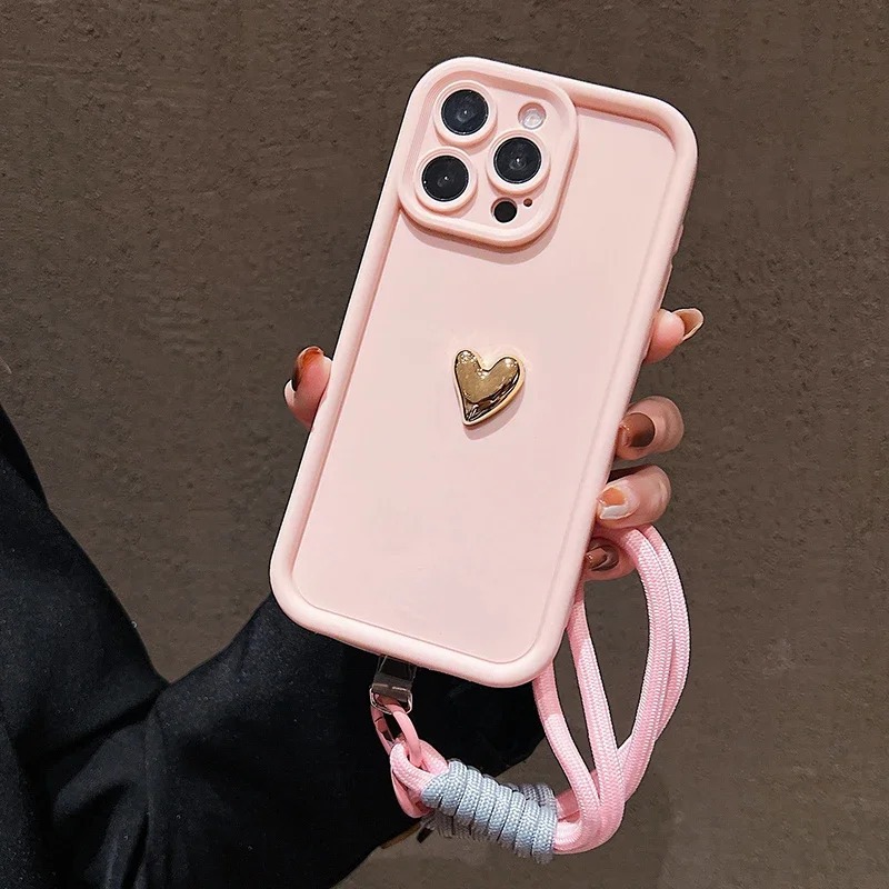 Silicone Phone Case With Lanyard Heart Design And Gold-plated Finish