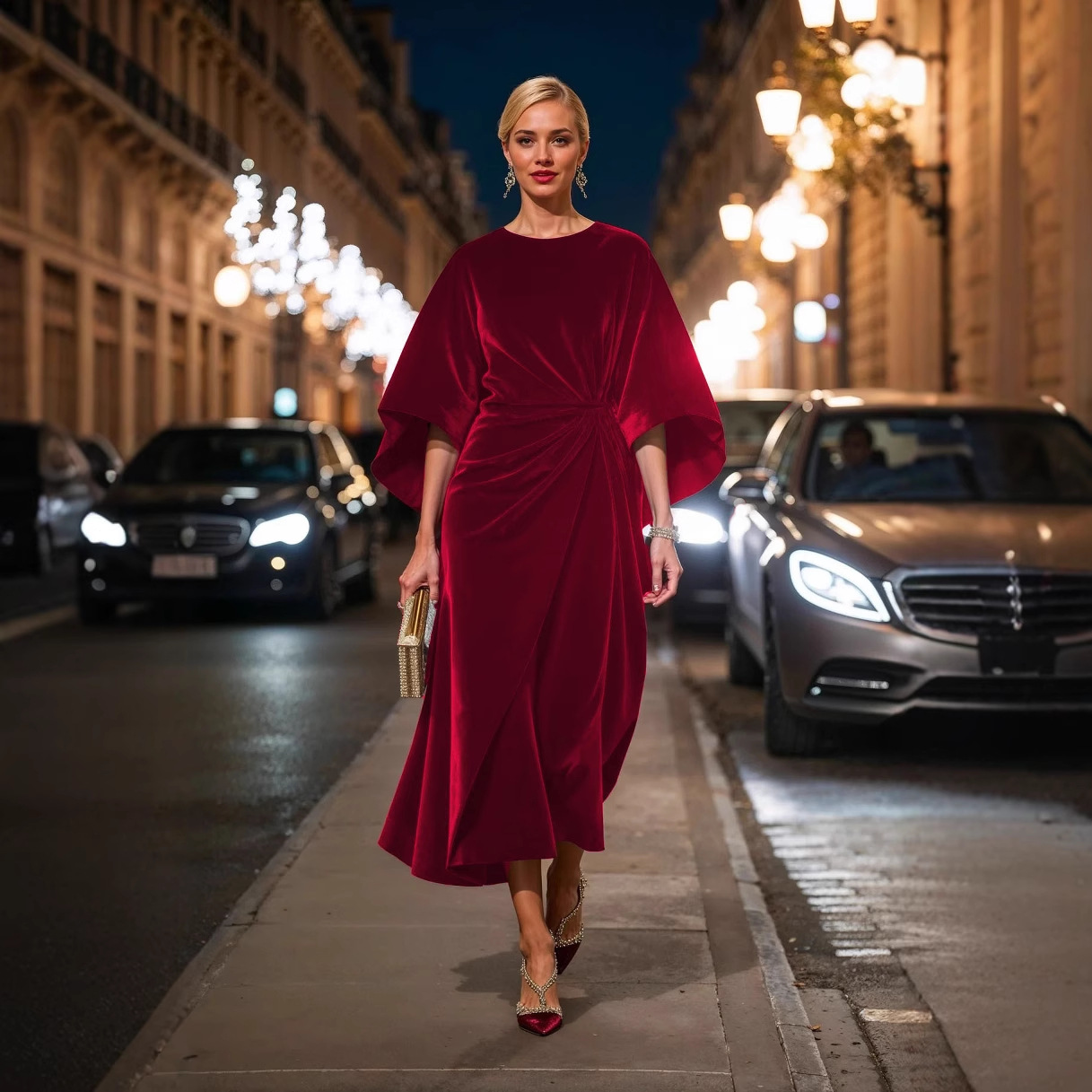 Women's Fashion Elegant Gold Velvet Waist-tight Batwing Sleeve Dress