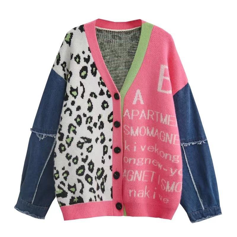 Women's Fashion Color Contrast Denim Stitching Leopard Print Brocade Sweater