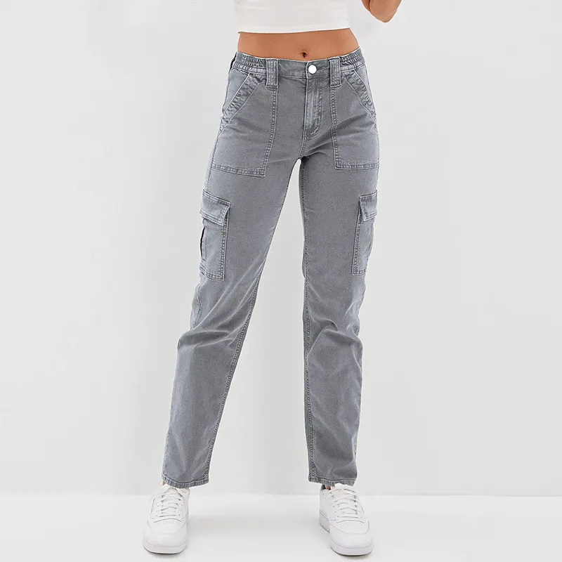 Women's Jeans Multi-bag High Waist Wash Straight - Gray