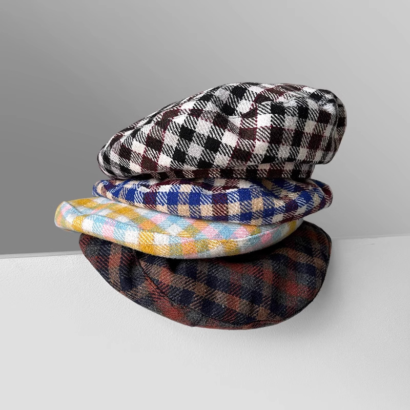 Autumn Winter Plaid Beret Womens Autumn Korean-Style Japanese-Style