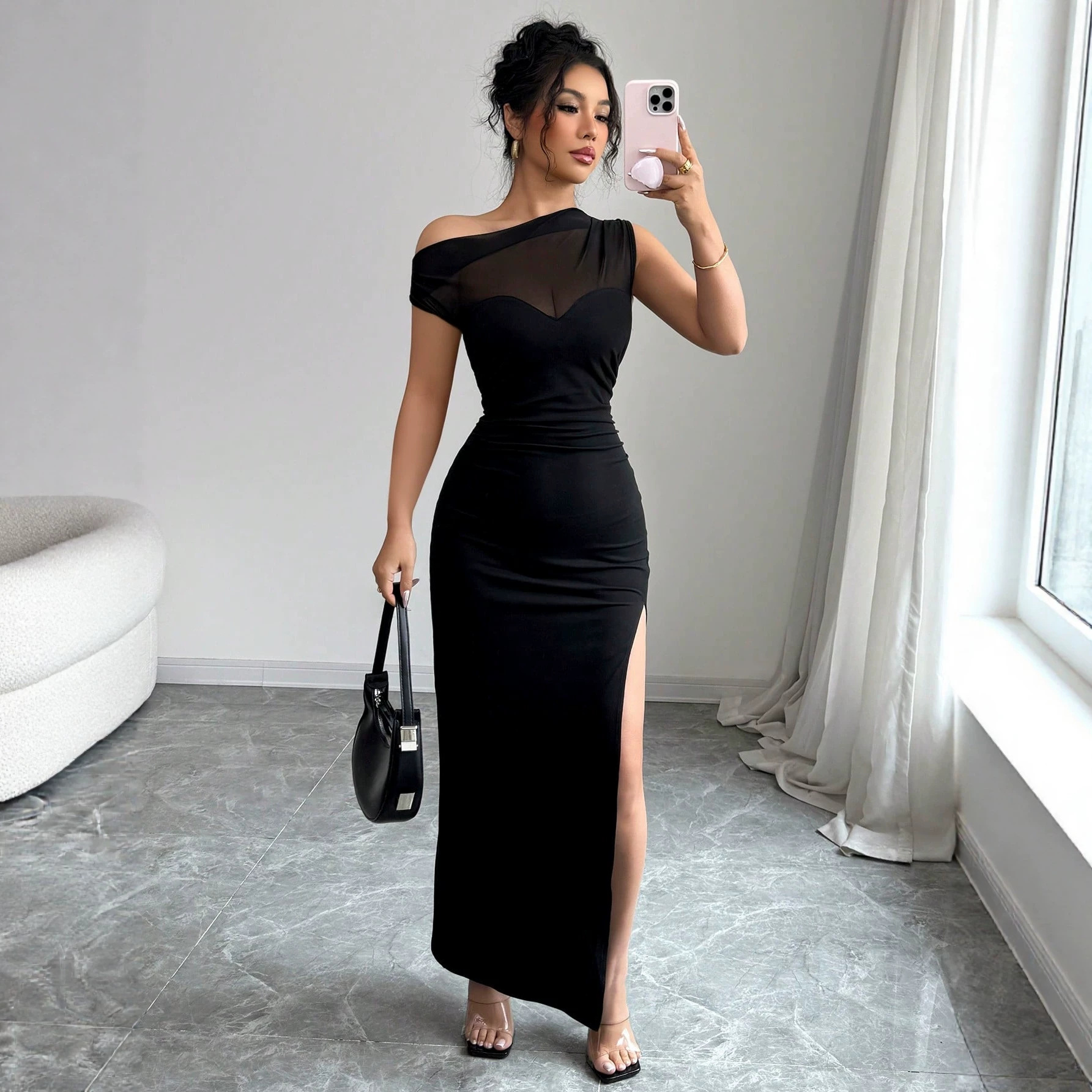 Women's Solid-Color Off-Shoulder Spliced Sheer Slim-Fit Dress