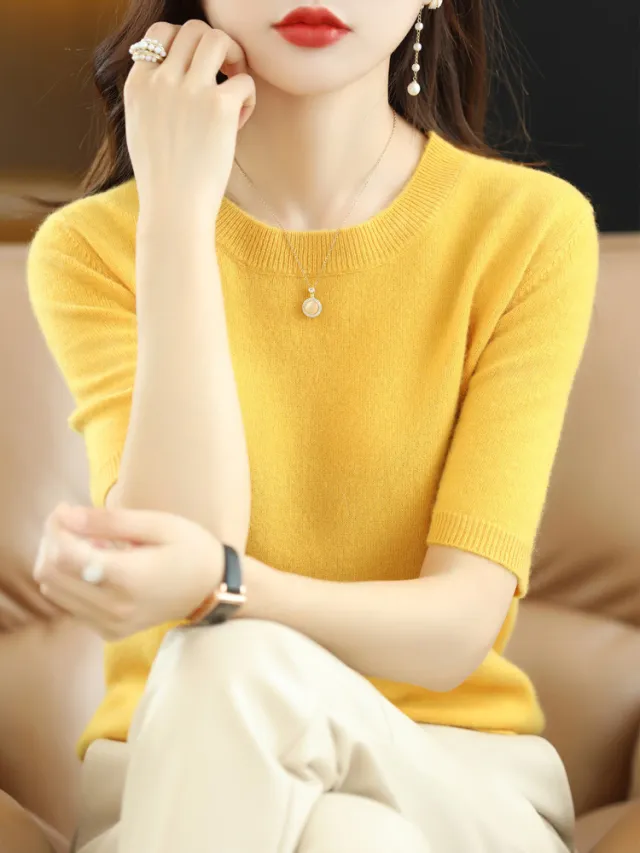 Knitted Short Sleeve Loose T shirt Inner Wear Sweater Non cashmere Bottoming Shirt Ginger Yellow - Shop at LoveMi