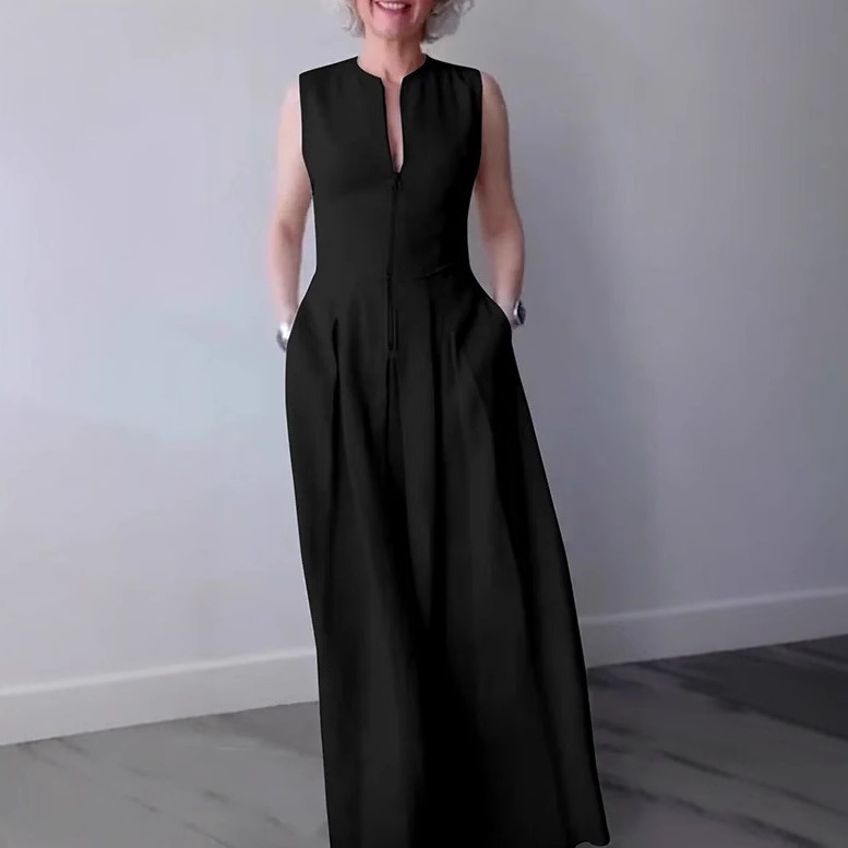 High Waist Pure Color Slim-fit Commute Sleeveless Zipper Dress
