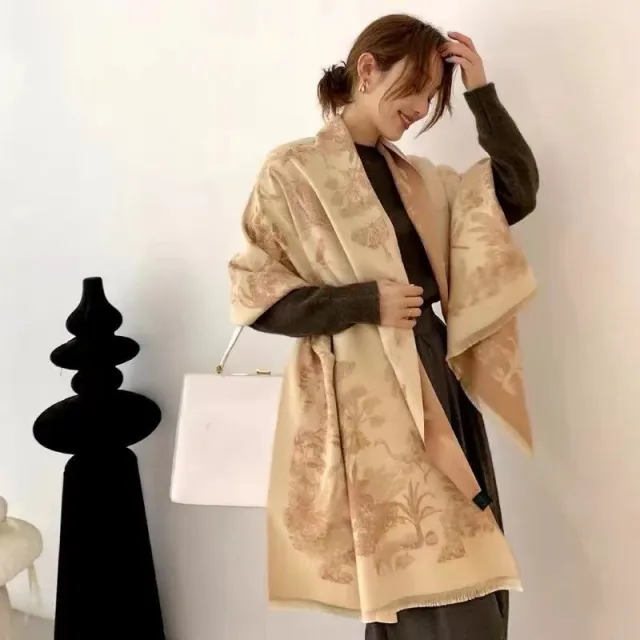 Versatile Cashmere like Double sided Tropical Rainforest Pattern Thickened Warm New Scarf For Women Tropical Rainforest Khaki - Shop at LoveMi