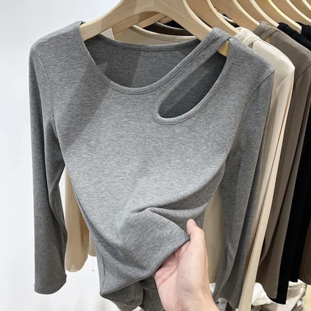 Round Neck Collarbone Bottoming Shirt Women's Hollow Long Sleeve T shirt Gray - Shop at LoveMi