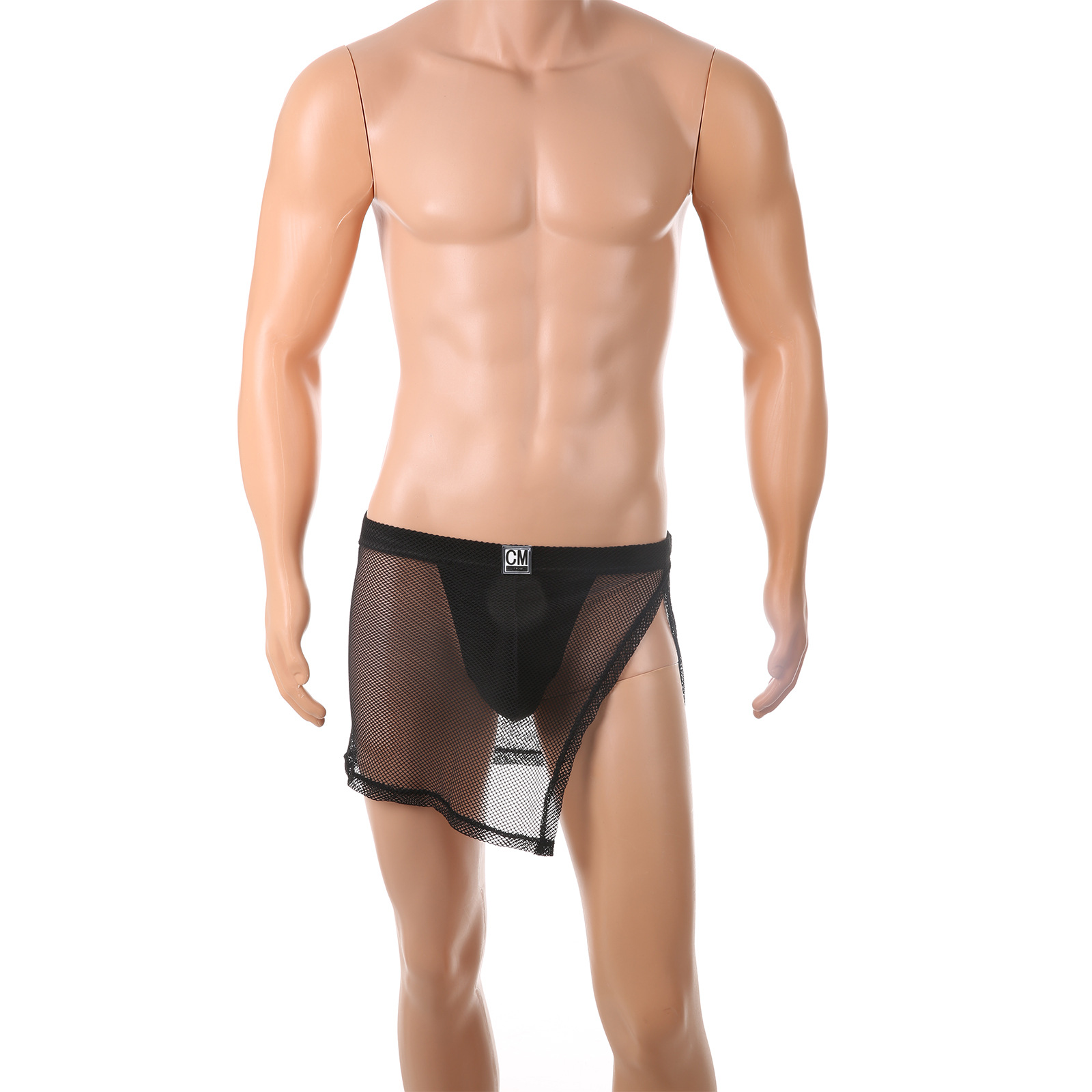 Men's Sexy Mesh G-string Skirt High Slit Side Open Transparent