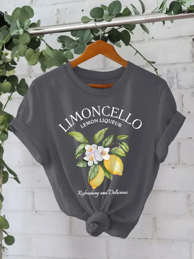 European And American Round Neck Lemon T shirt For Women Dark Gray - Shop at LoveMi