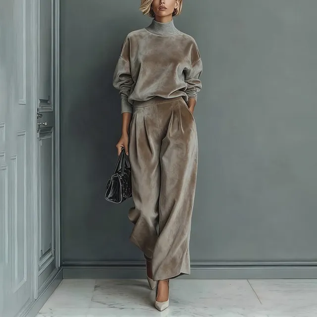 Casual Warm Velour Long sleeved Solid Color High neck Zipper Wide leg Sportswear Light Brown - Shop at LoveMi