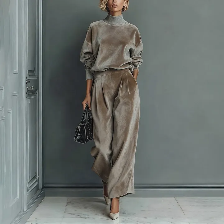 Casual Warm Velour Long-sleeved Solid Color High-neck Zipper Wide-leg Sportswear - Light Brown