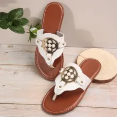 Women's Sandals Hardware Decorative Button Summer Flat Shoes - White - View 1