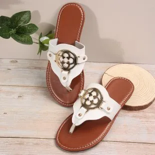 Women's Sandals Hardware Decorative Button Summer Flat Shoes White - Shop at LoveMi