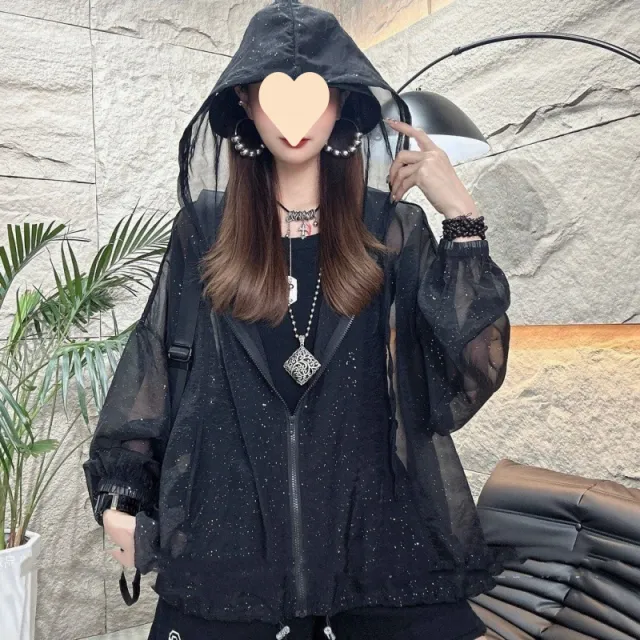 Hooded Drawstring Sun Protection Clothing For Women See through All matching Starry Sky Black - Shop at LoveMi