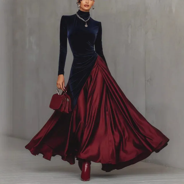 Womens Velvet Patchwork Color Block Turtleneck Gown Red - Shop at LoveMi