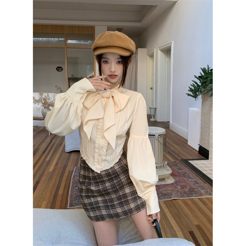 Wooden Ear Bow Lace up Long Sleeve Shirt Shirt M - Shop at LoveMi