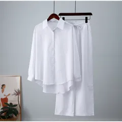 Autumn And Winter New Loose Elastic Wrinkle Long-sleeved Shirt Wide-leg Pants Casual Suit - White - View 1