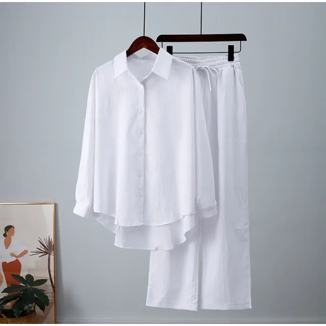 Autumn And Winter New Loose Elastic Wrinkle Long sleeved Shirt Wide leg Pants Casual Suit White - Shop at LoveMi