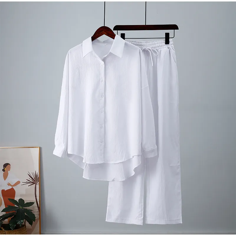 Autumn And Winter New Loose Elastic Wrinkle Long-sleeved Shirt Wide-leg Pants Casual Suit - White