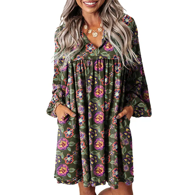 Women's Casual All matching Printed V neck Long sleeve Dress Color S - Shop at LoveMi