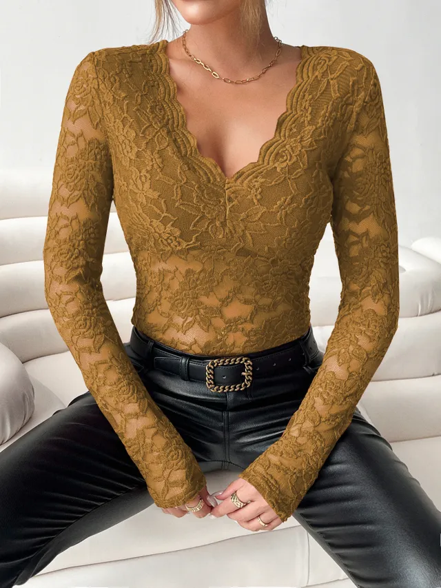 Fashion Women's Elegant Solid Color Lace Top Yellow - Shop at LoveMi