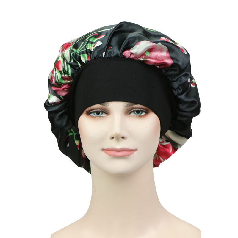 New Satin Print Nightcap Wide-brimmed Elastic Shower Cap - Image 3