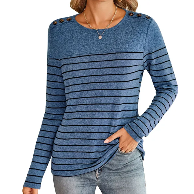 Striped Contrast Color Round Neck Long Sleeve Button Top Blue - Shop at LoveMi