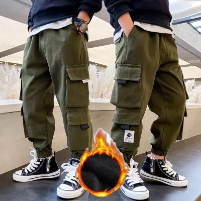 Men's Medium And Large Children's Multi-bag Fleece Ankle-tied Casual Working Pants Tide