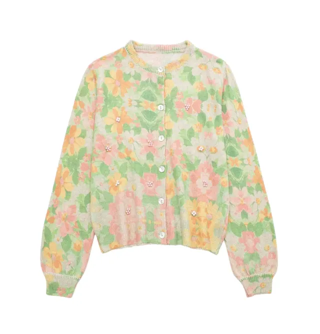 Spring New Elegant Round Neck Long Sleeve Printed Single breasted Sweater For Women Light Green - Shop at LoveMi