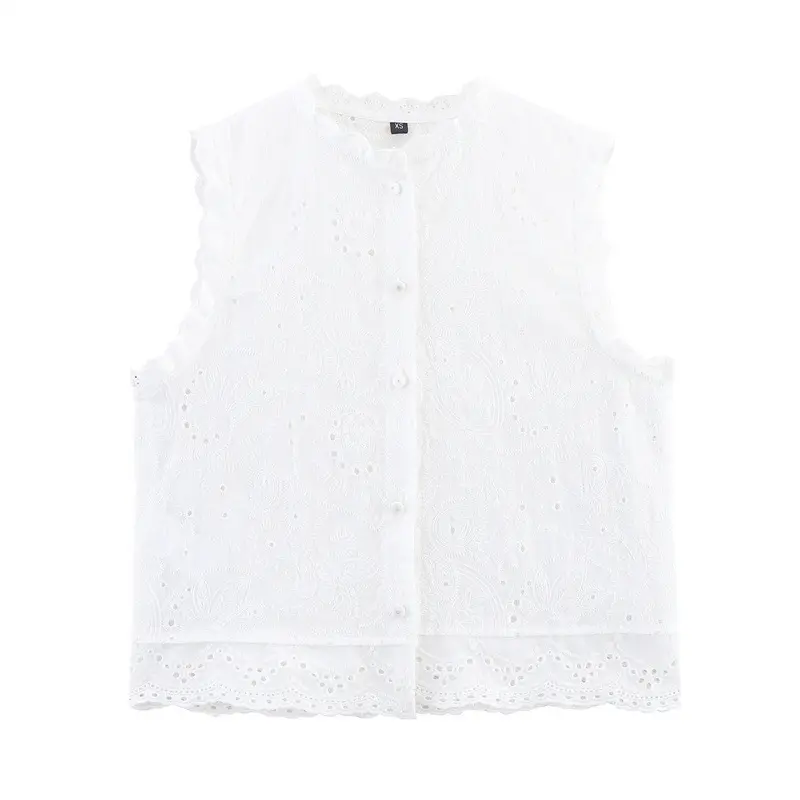 Women's Fashion Casual Sleeveless Crewneck Hollow-out Embroidered