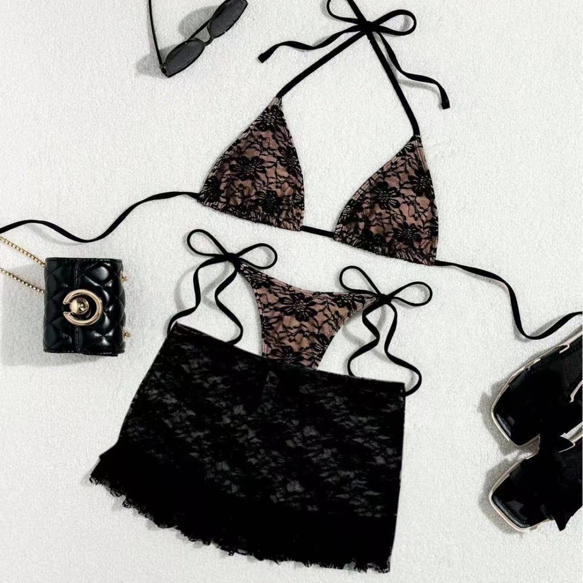 Womens Lace Bikini Three-piece Swimsuit
