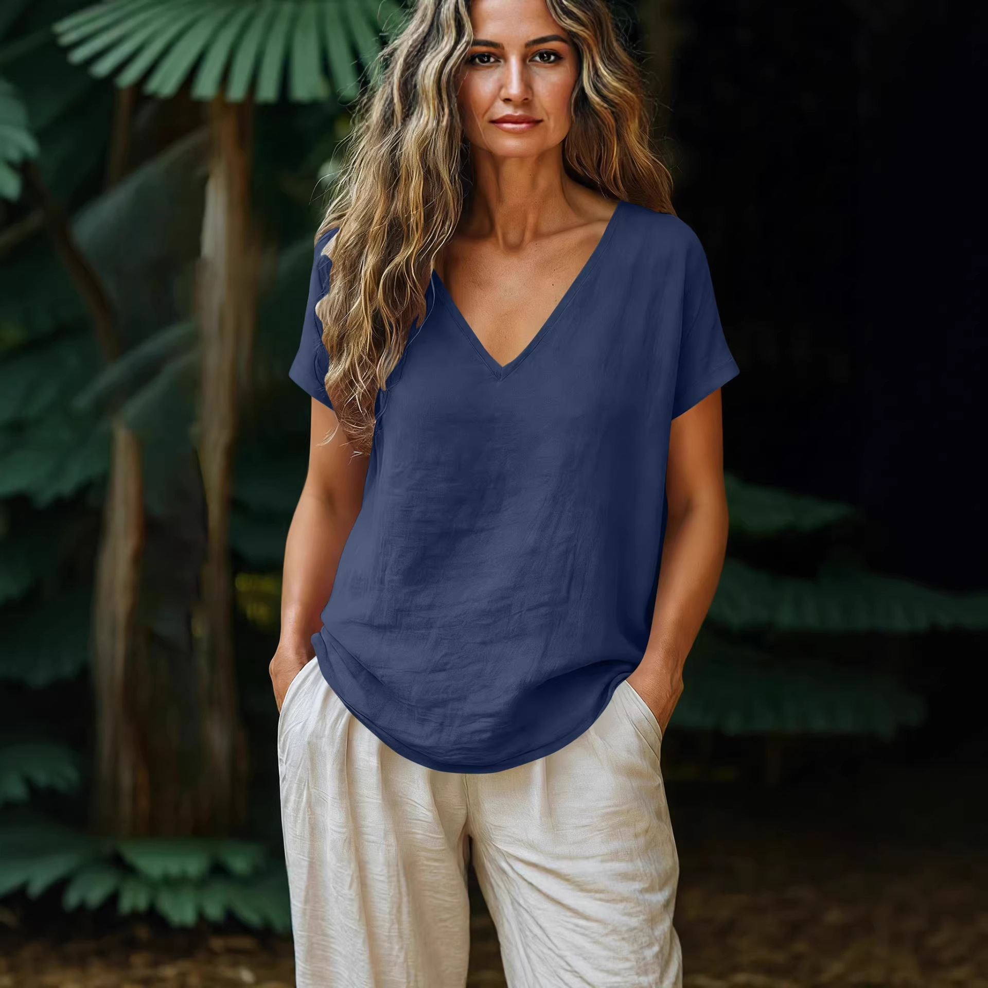 Women's Cotton-Linen Short-Sleeve V-Neck Pullover Top