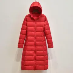 Lightweight Hooded Long Below-the-knee Slim-fit Coat - Red - View 1