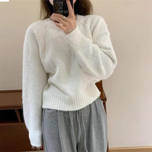 Soft Glutinous Loose And Simple Round Neck Sweater Sweater Beige - Shop at LoveMi